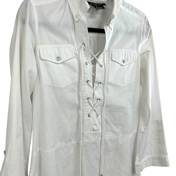 Etcetera White Front Lace Up Long Sleeve Cotton Blend Shirt 4 - Picture 3 of 5